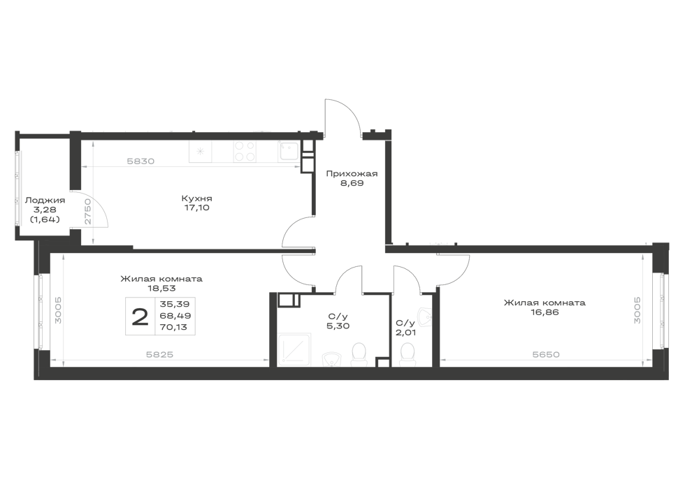 3-комнатная евро, 70.13 м²