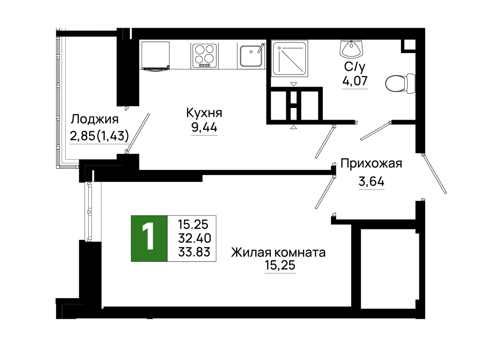 1-комнатная, 33.83 м²