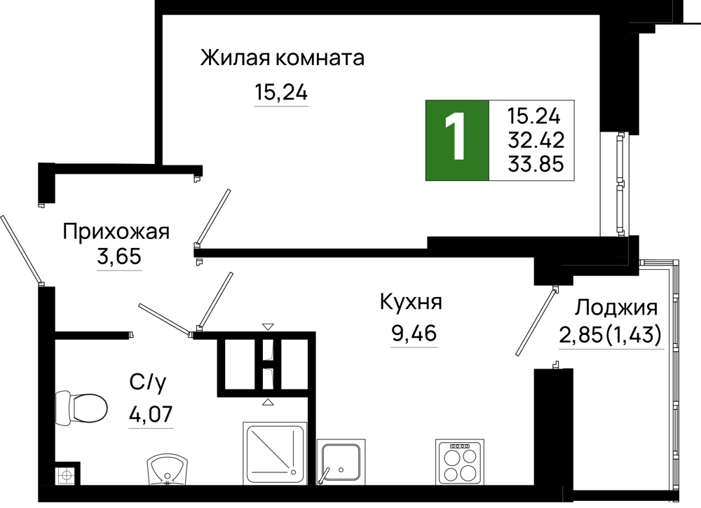 1-комнатная, 33.85 м²